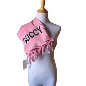 Authentic NWT Gucci Pink Silk/Cashmere Scarf with Green "GUCCY" Sequins (502362)